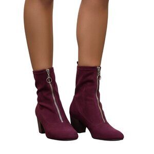 Burgundy Suede Ankle Booties With Front Zipper & Block Heels